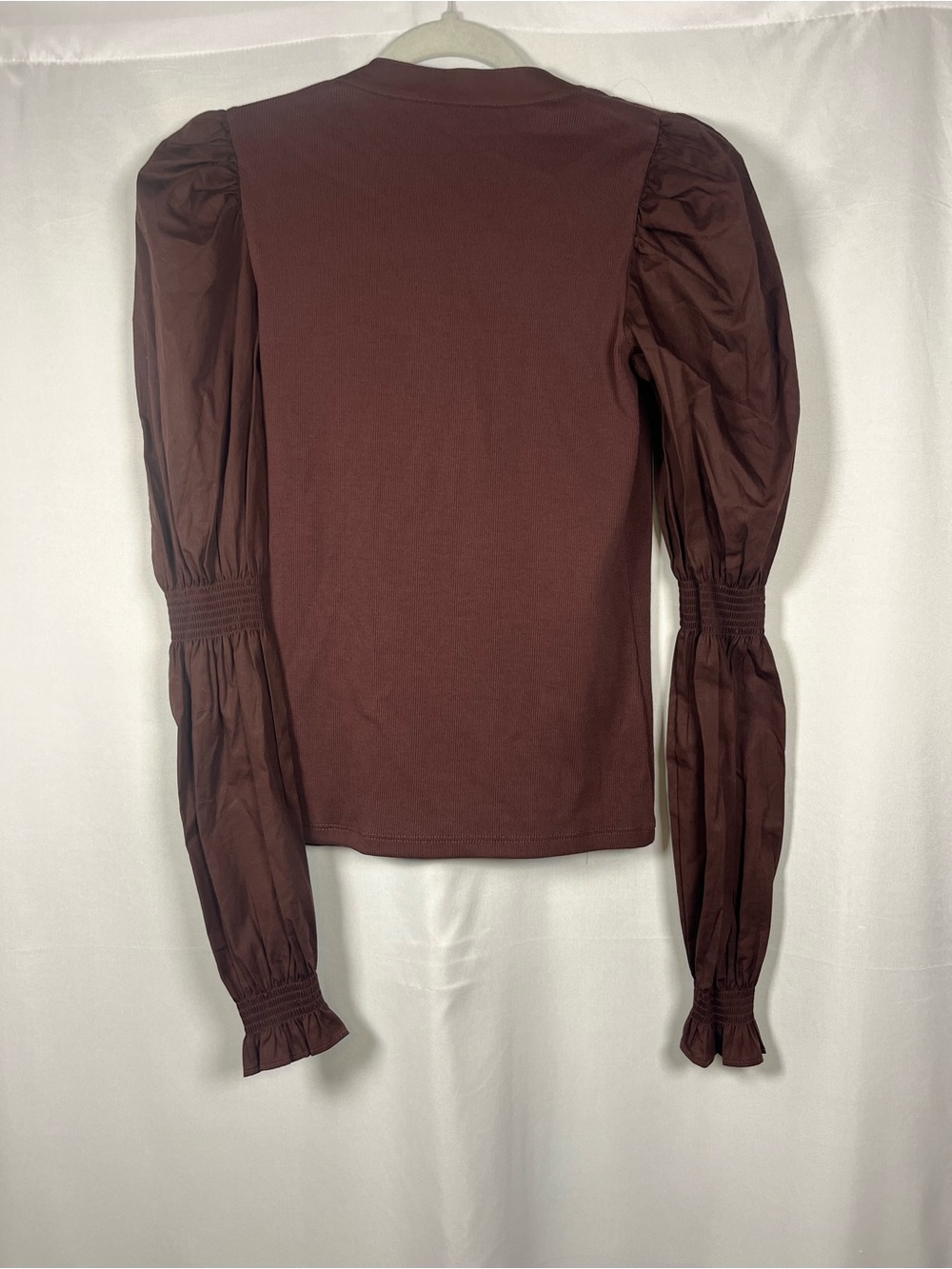 Veronica beard effy puff sleeve brown Pima cotton ribbed top oxblood sz xs euc - Picture 6 of 7